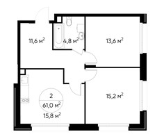 Планировка двухкомнатной(квартира) площадью 61 квадратных метров в “ЖК Переделкино Ближнее”