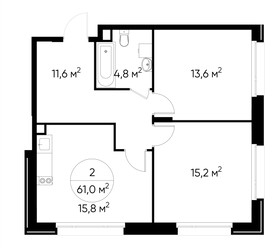 Планировка двухкомнатной(квартира) площадью 61 квадратных метров в ЖК “ЖК Переделкино Ближнее”