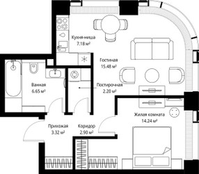 Планировка однокомнатной(квартира) площадью 51.97 квадратных метров в ЖК “ЖК Веер”