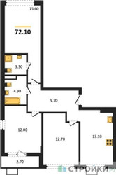 Планировка трехкомнатной(квартира) площадью 72.1 квадратных метров в ЖК “ЖК Деснаречье”