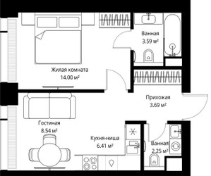 Планировка однокомнатной(квартира) площадью 38.48 квадратных метров в ЖК “ЖК Веер”