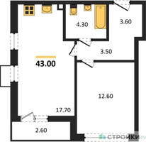 Планировка однокомнатной(квартира) площадью 43 квадратных метров в “ЖК Прокшино”