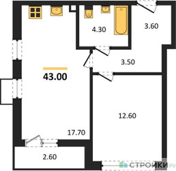 Планировка однокомнатной(квартира) площадью 43 квадратных метров в ЖК “ЖК Прокшино”