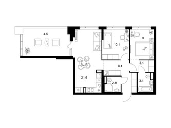 Планировка двухкомнатной(квартира) площадью 63.3 квадратных метров в ЖК “Бунинская набережная”