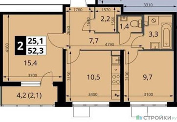 Планировка двухкомнатной(квартира) площадью 52.3 квадратных метров в ЖК “ЖК 1-й Южный (Первый Южный)”