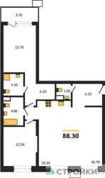 Планировка двухкомнатной(квартира) площадью 88.3 квадратных метров в ЖК “ЖК Дзен-кварталы”