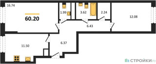 Планировка двухкомнатной(квартира) площадью 60.2 квадратных метров в “ЖК Дюна”