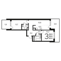 Планировка трехкомнатной(квартира) площадью 62.4 квадратных метров в “Новые Ватутинки. Заречный”