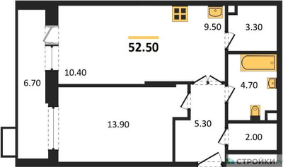 Планировка однокомнатной(квартира) площадью 52.5 квадратных метров в ЖК “ЖК UP-квартал Скандинавский”