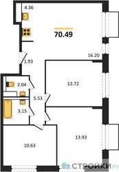Планировка трехкомнатной(квартира) площадью 70.49 квадратных метров в ЖК “ЖК Томилино Парк”