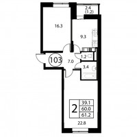 Планировка двухкомнатной(квартира) площадью 61.2 квадратных метров в “ЖК Космос”