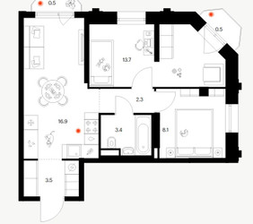 Планировка двухкомнатной(квартира) площадью 48.9 квадратных метров в ЖК “ЖК Саларьево парк”
