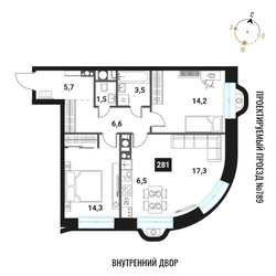 Планировка трехкомнатной(квартира) площадью 69.6 квадратных метров в ЖК “ЖК Интеллигент”