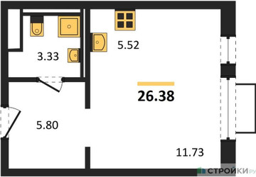 Планировка студии(квартира) площадью 26.38 квадратных метров в ЖК “ЖК Новое Видное”