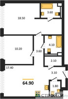 Планировка двухкомнатной(квартира) площадью 64.9 квадратных метров в “ЖК СТОУН Грэйн”