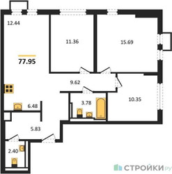 Планировка трехкомнатной(квартира) площадью 77.95 квадратных метров в ЖК “ЖК Остафьево”