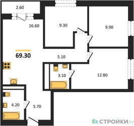 Планировка трехкомнатной(квартира) площадью 69.3 квадратных метров в ЖК “ЖК Квартал Метроном”