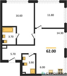 Планировка двухкомнатной(квартира) площадью 62 квадратных метров в ЖК “ЖК НАЗАРÉ (Мангазея в Богородском)”