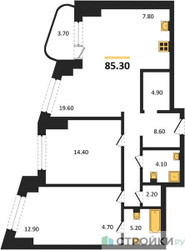 Планировка двухкомнатной(квартира) площадью 85.3 квадратных метров в ЖК “ЖК Родина Парк”