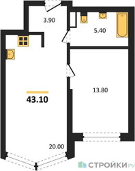 Планировка однокомнатной(квартира) площадью 43.1 квадратных метров в ЖК “ЖК Символ”