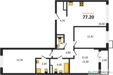 Планировка трехкомнатной(квартира) площадью 77.2 квадратных метров в ЖК “ЖК Деснаречье”
