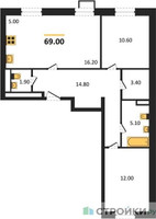 Планировка двухкомнатной(квартира) площадью 69 квадратных метров в “ЖК ЭкоБунино (Южное Бунино)”