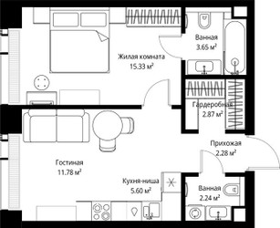 Планировка однокомнатной(квартира) площадью 43.75 квадратных метров в ЖК “ЖК Веер”
