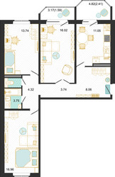 Планировка трехкомнатной(квартира) площадью 82 квадратных метров в ЖК “ЖК Оптима”