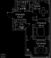 Планировка двухкомнатной(квартира) площадью 50.8 квадратных метров в “ЖК СЕЗАР БУДУЩЕЕ”