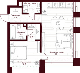 Планировка однокомнатной(квартира) площадью 49.5 квадратных метров в ЖК “ЖК Дом 7 Даниловский”