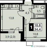 Планировка однокомнатной(квартира) площадью 34.4 квадратных метров в “ЖК 1-й Южный (Первый Южный)”