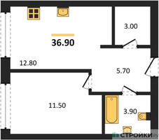 Планировка однокомнатной(квартира) площадью 36.9 квадратных метров в “ЖК Portland (Портланд)”