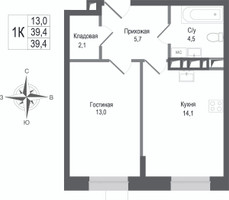 Планировка однокомнатной(квартира) площадью 39.4 квадратных метров в “ЖК КИНОКВАРТАЛ”