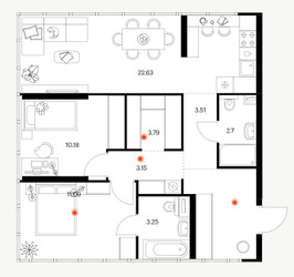 Планировка двухкомнатной(квартира) площадью 63.8 квадратных метров в ЖК “ЖК Бусиновский парк”