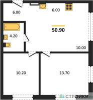 Планировка двухкомнатной(квартира) площадью 50.9 квадратных метров в “ЖК Новый Зеленоград”