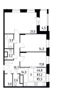 Планировка трехкомнатной(квартира) площадью 85.45 квадратных метров в “ЖК Город-событие Лайково”
