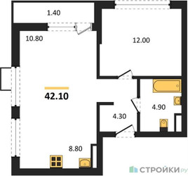 Планировка однокомнатной(квартира) площадью 42.1 квадратных метров в “ЖК Южные сады”