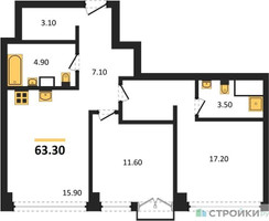 Планировка двухкомнатной(квартира) площадью 63.3 квадратных метров в “ЖК Emotion (Эмоушен)”