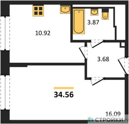 Планировка однокомнатной(квартира) площадью 34.56 квадратных метров в ЖК “ЖК Подольские кварталы”