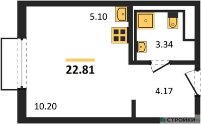 Планировка студии(квартира) площадью 22.81 квадратных метров в ЖК “ЖК Пригород Лесное”