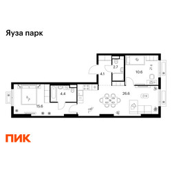 Планировка двухкомнатной(квартира) площадью 64 квадратных метров в ЖК “ЖК Яуза Парк (Мытищи)”