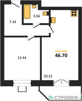 Планировка однокомнатной(квартира) площадью 46.7 квадратных метров в “ЖК Мечта”