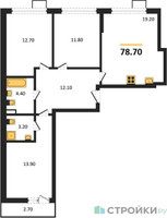 Планировка трехкомнатной(квартира) площадью 78.7 квадратных метров в “ЖК Деснаречье”