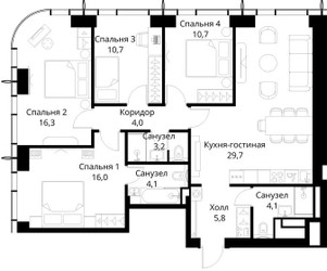 Планировка 4+ комнатной(квартира) площадью 104.6 квадратных метров в ЖК “ЖК Сити Бэй”