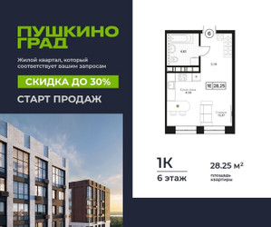 Планировка однокомнатной(квартира) площадью 28.25 квадратных метров в ЖК “ЖК Пушкино Град”