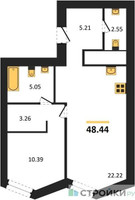 Планировка однокомнатной(апартаменты) площадью 48.44 квадратных метров в “ЖК Insider (Инсайдер)”