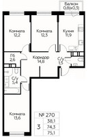 Планировка трехкомнатной(квартира) площадью 75.1 квадратных метров в “ЖК Цветочные Поляны Сити”