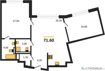 Планировка двухкомнатной(квартира) площадью 71.6 квадратных метров в ЖК “ЖК Остров”