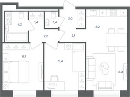 Планировка трехкомнатной(квартира) площадью 57.7 квадратных метров в “ЖК Равновесие”