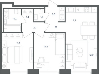 Планировка трехкомнатной(квартира) площадью 57.7 квадратных метров в ЖК “ЖК Равновесие”